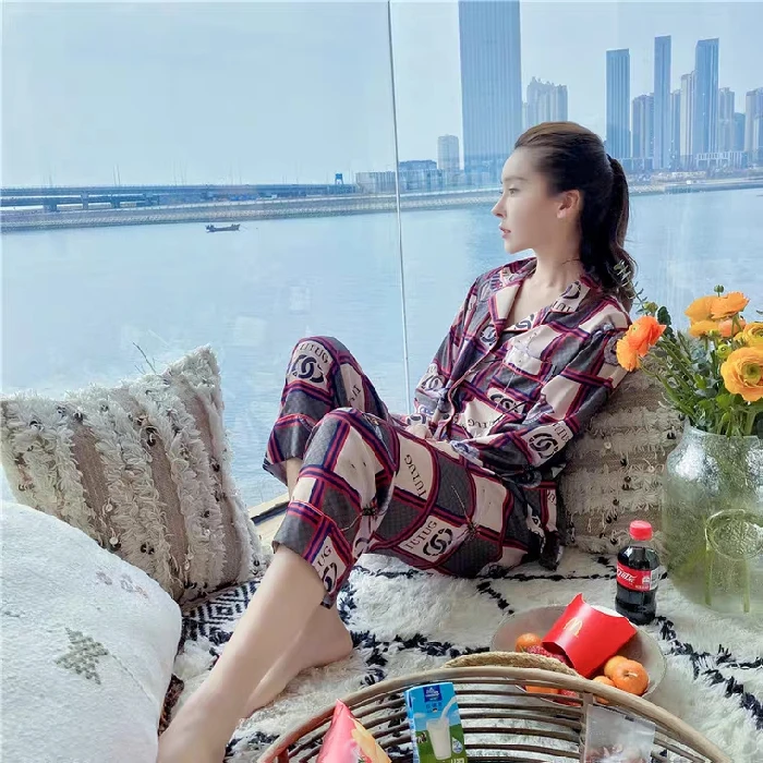 Атласная Шелковая пижама JRMISSLI для женщин пижамный комплект на пуговицах Пижама