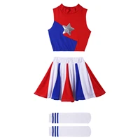 kids girls cheerleading uniforms cheer dance costume neckline sequins star decor front crop top with skirt and stretchy socks