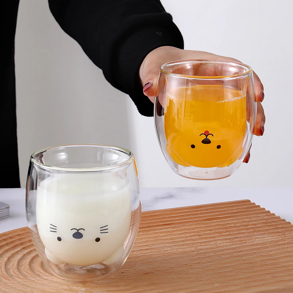 

250ML Creative Cute Bear Coffee Mug Double Glass Cup Carton INS Animal Milk Juice Cute Glasses With Double Bottom Drinkware Cup
