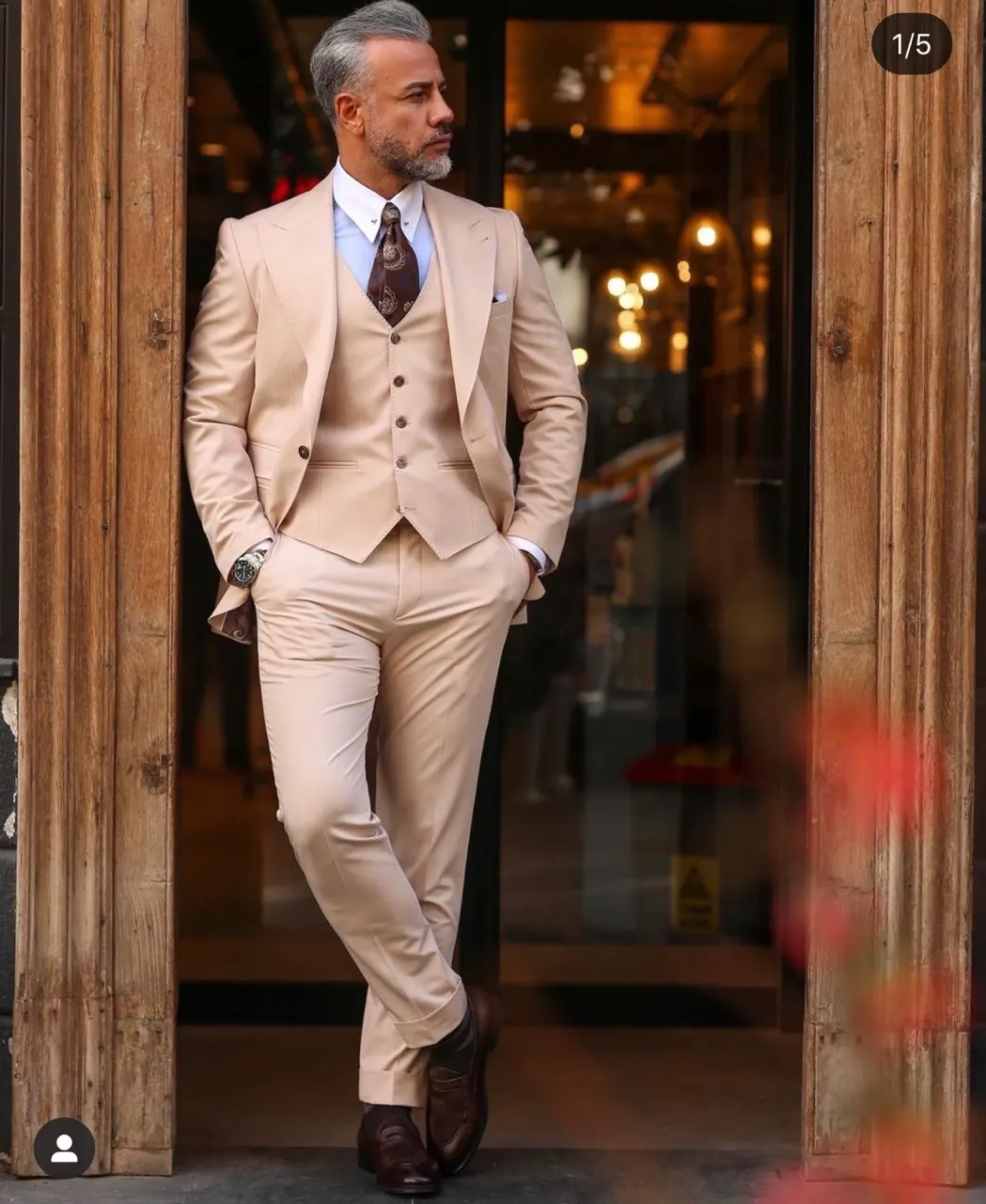 Beige Wide Peak Lapel One Buttons Men Suits 3 Pieces Latest Design Costum Homme Groom Wedding Terno Masculino Slim Fit Blazer