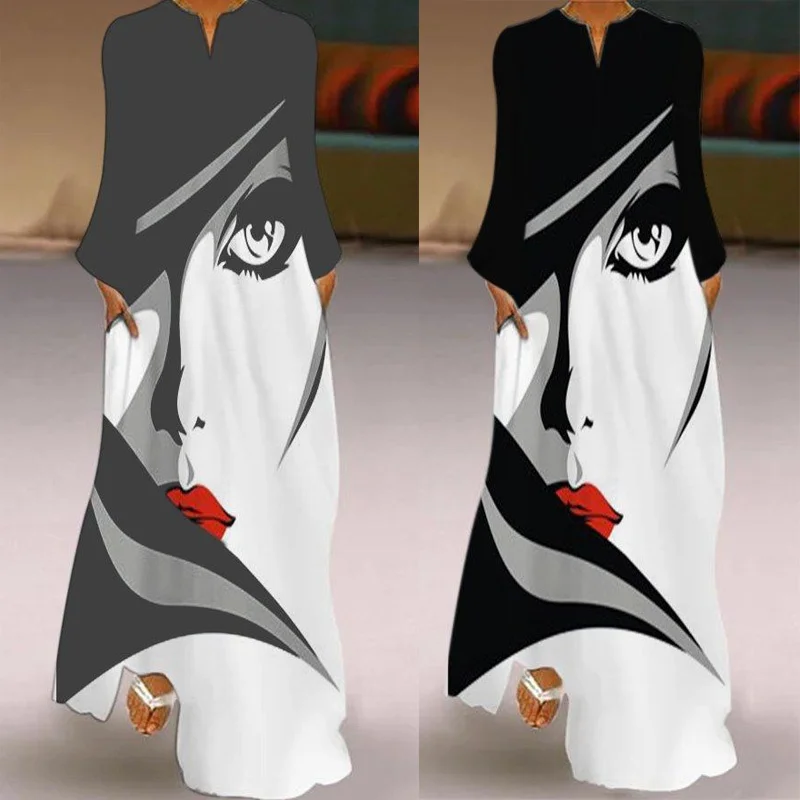 

Women Fashion Long Sleeve Print Dress White-Black-Grey A-Line Casual Dresses Long Dress