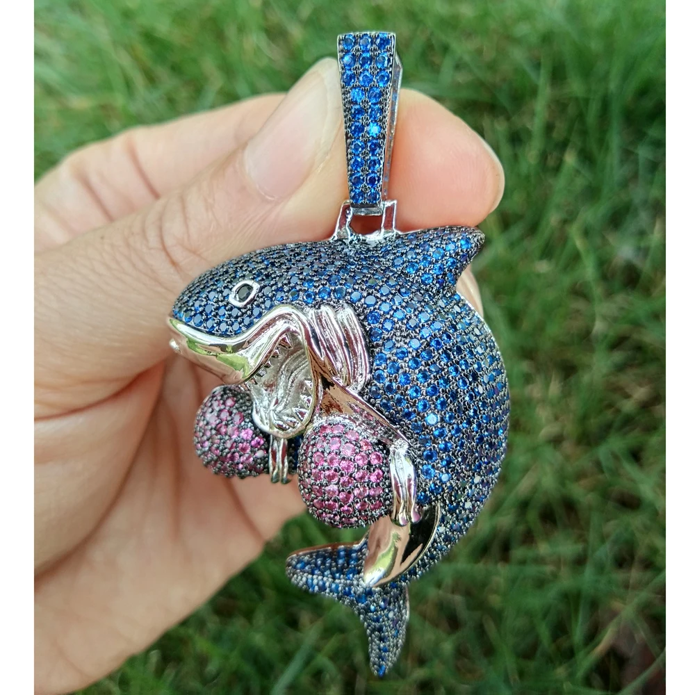 silver color Iced CZ открытый рот Акула с боксерской перчаткой Подвески хип-хоп ожерелье с CZ теннисной цепью CN091 - Окраска металла: silver color