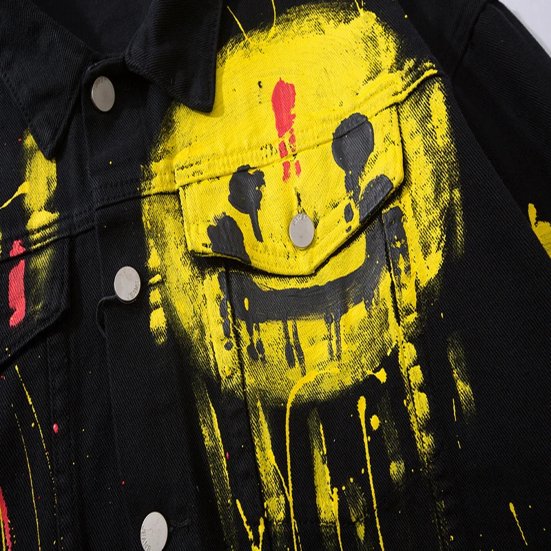 

ELKMU Big Yellow Smile Face Graffiti Denim Jacket Hip Hop Streetwear Jeans Jackets Coats Oversize Fashion Hipster Tops HM048