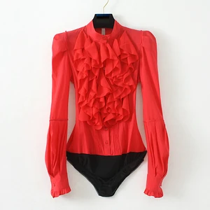 Женская блузка с воротником-стойкой и оборками, офисная одежда с длинным рукавом-фонариком, красная, белая, 2019