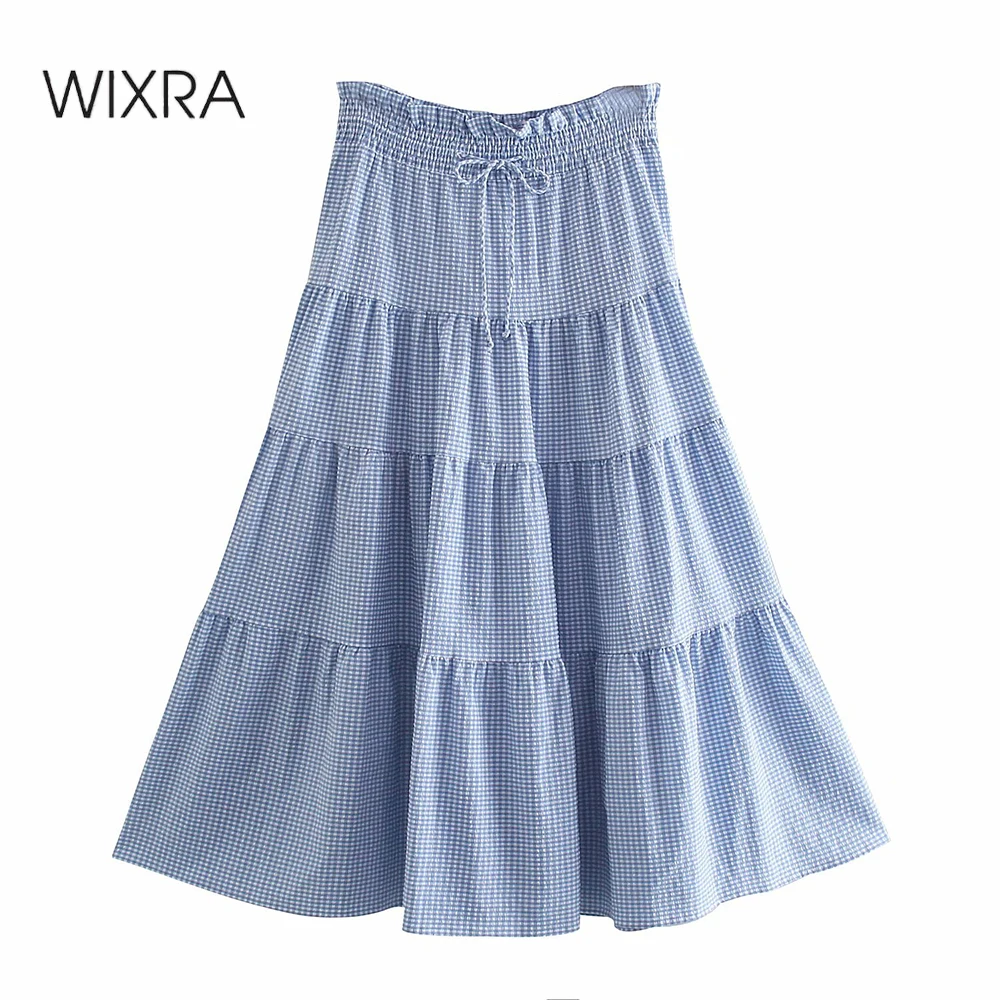

Wixra Womens Blue Plaid A-Line Drawstring Skirts Midi Calf High Elastic Waist Preppy Style Girls Summer Clothing