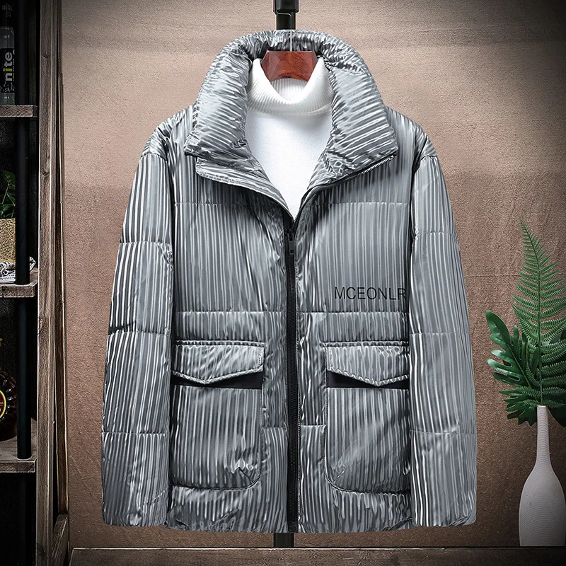 

Winter Men 90% White Duck Down Jackets Male Casual Thicken Warm Stand Collar Puffer Windproof Glossy Striped High Quality Parka