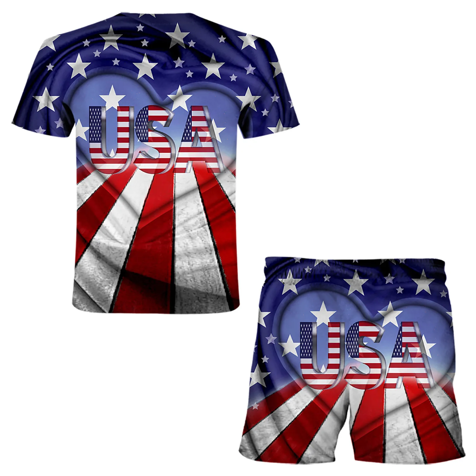 

Men's Summer American Flag Round Neck Polyester Loose Casual 3d Digital Printing Independence Day Sports Suit