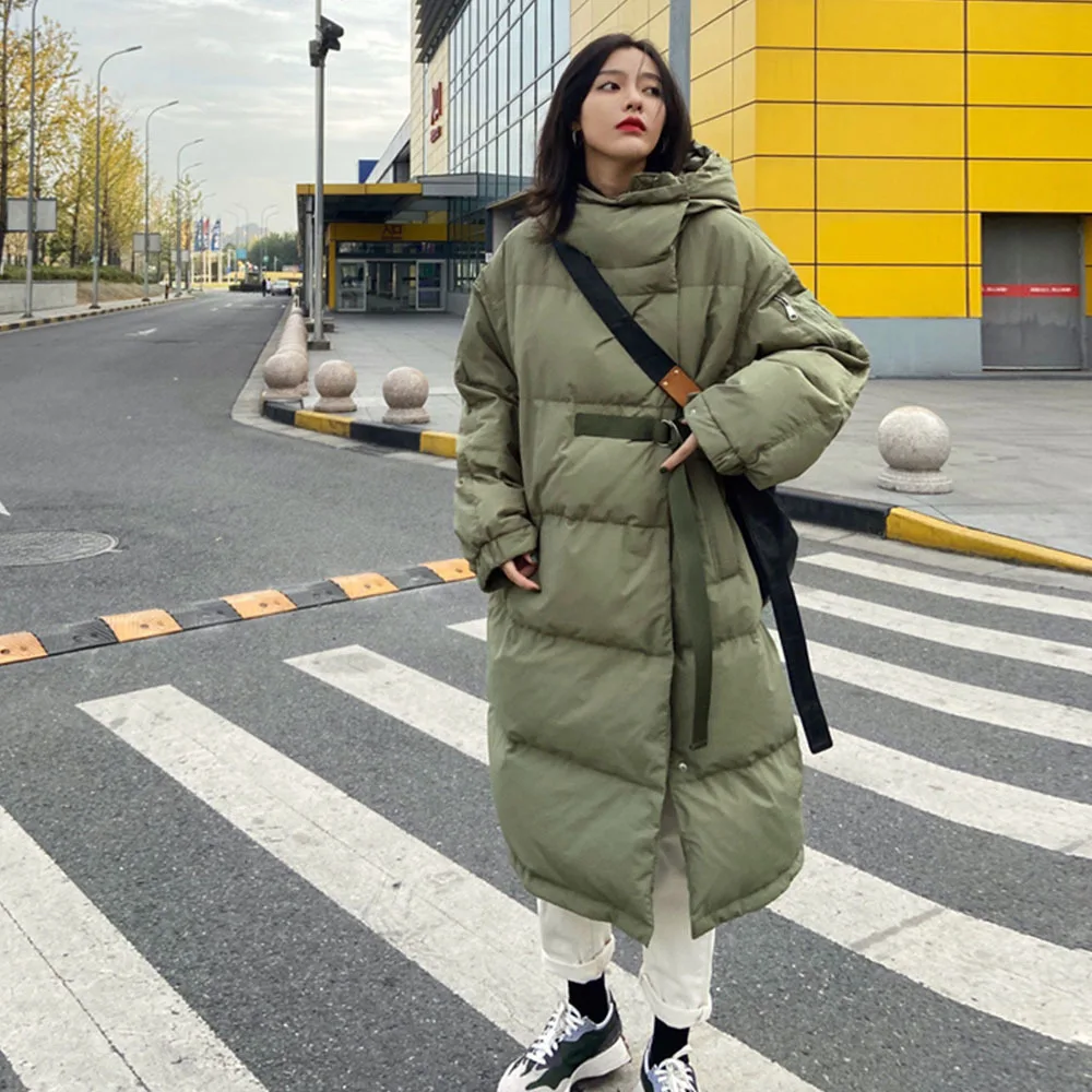 

Winter Thickening X-Long Parkas Women Wide-Waisted Loose Oversize Cotton Padded Jackets Female Green Sashes Warm Windbreaker