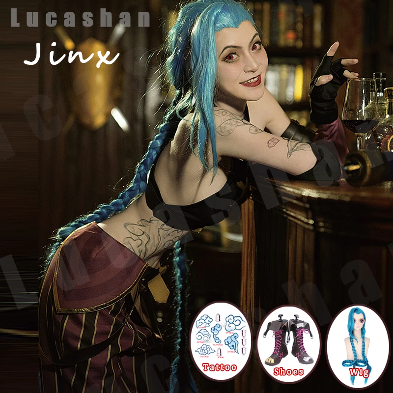 Аниме LOL Jinx Cosplay Arcane Костюмы для косплея наряд парик обуви Татуировка лига легенд