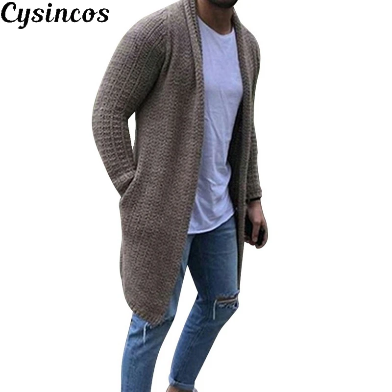 Мужской кардиган с карманами CYSINCOS повседневный однотонный средней длины длинным