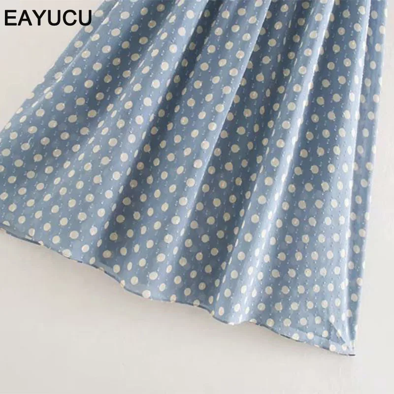 

EAYUCU Vintage Polka Dot Ruffles V Neck Women Summer Long Dress High Waist Butterfly Sleeve Elegant Female A Line Vestidos ED176