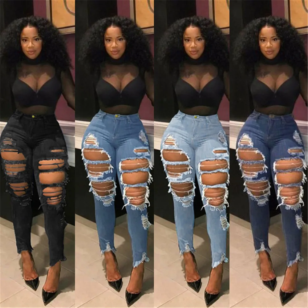 

Spring and Autumn Fashion Women's Ripped Jeans Women's High Waist Pencil Pants Casual Hot Sale Jeans Women's Tassel Slim Jeans