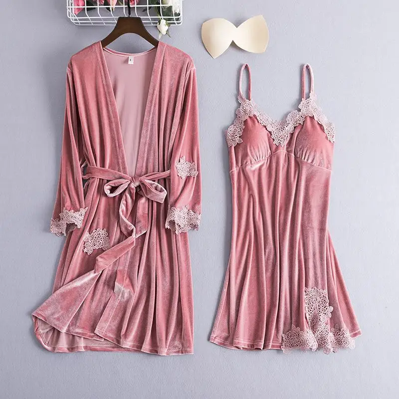 2PCS Pink Бургундия 2 шт. юная леди велюровый Халат набор осень зима пижамы домашний халат бархат кимоно халат ночная рубашка - Цвет: 2PCS Pink