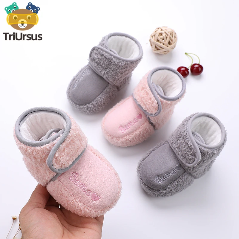 

First Walkers for New Born Baby Winter Grey Flannel Warm Toddler Boy Shoes Pink Soft Sole Non-slip Free Shipping Girl Crib Shoes