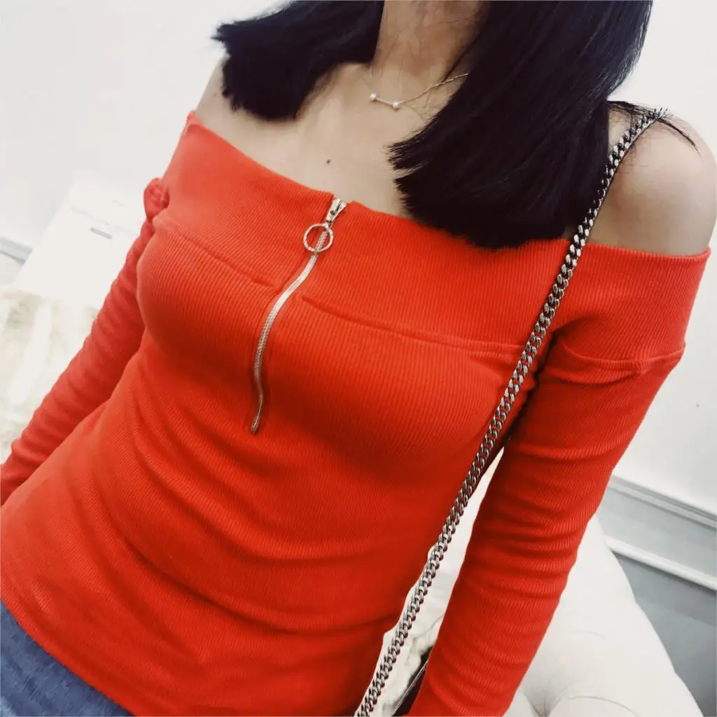 

Kpop Tumblr New Cotton Hot T-shirt Female Simple Metal Ring Zipper Collar Long-sleeved Elastic Thread Strapless Bottoming Shirt