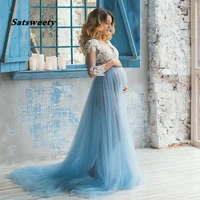real photo lace formal pregnant dress long sleeve tulle royal blue prom gown evening dresses plus size 2022 prom gowns party