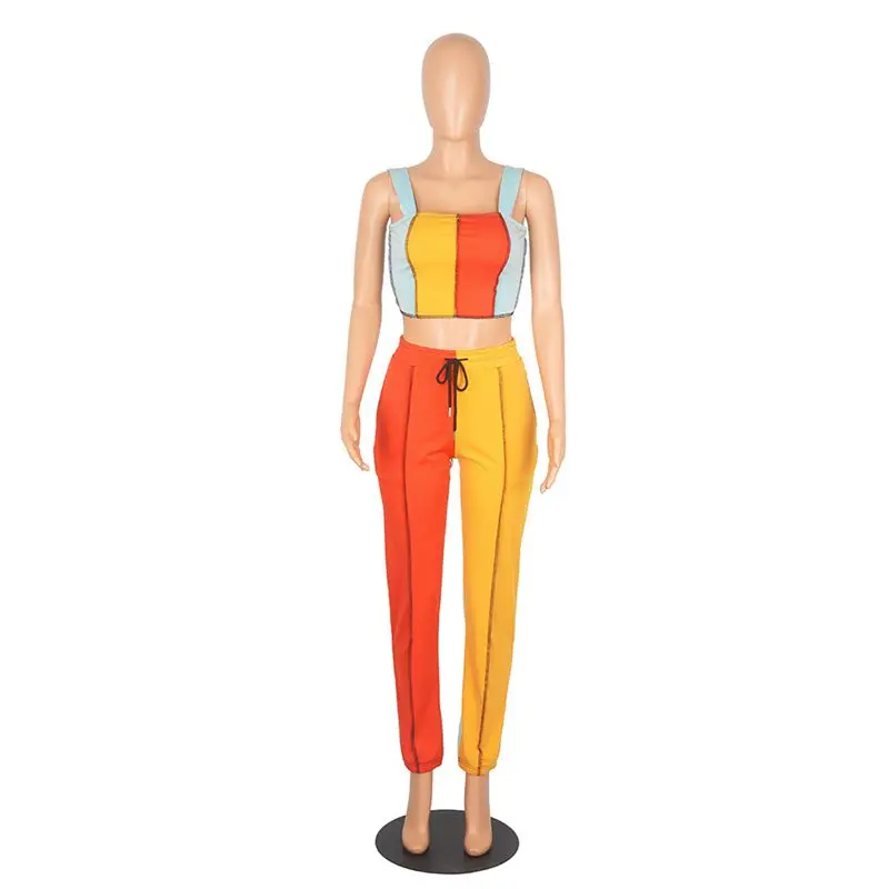 

Spring Summer 2021 Two Piece Set Women Sexy Solid Splicing Tank Top Pant Suits Fitness Tracksuit Club Outfits Fashion Streetwear