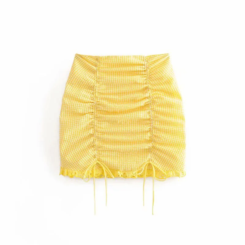 Женский комплект из 2 предметов желтый и белый клетчатый короткий топ с кружевной