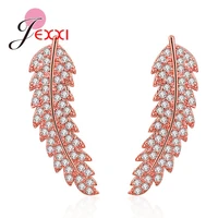 korean trend leaf design women stud earring 925 sterling silver clear rhinestone cz crystal ear jewelry brincos