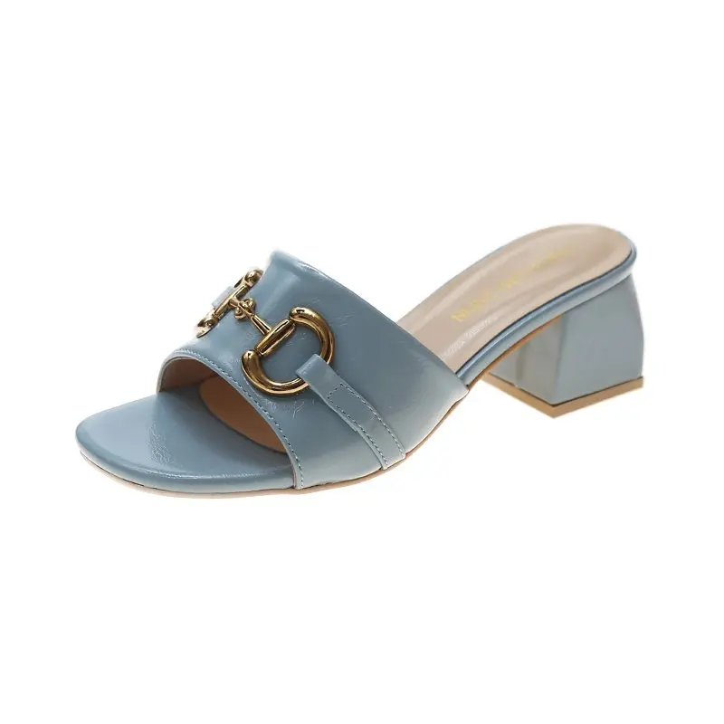 

Fashion Handmade 2021 New shoes for woman Slippers square high Heels shoe ladies Leather Sandals Shallow Summer Shoes