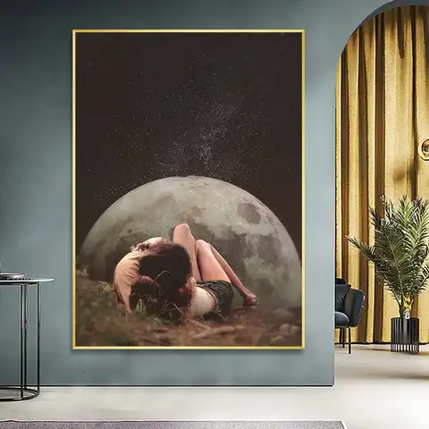 Постеры на холсте с изображением ночного неба, пар с землей, сюрреализма, галактики, космоса, Луны