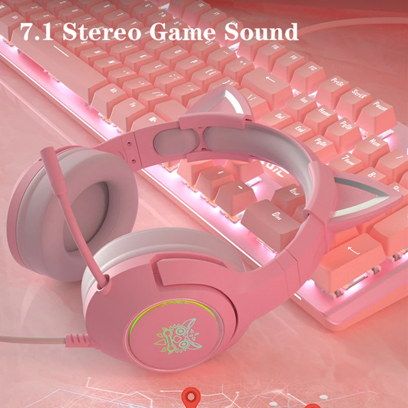 Игровые наушники кошачьи уши со светодиодсветодиодный подсветкой розовая