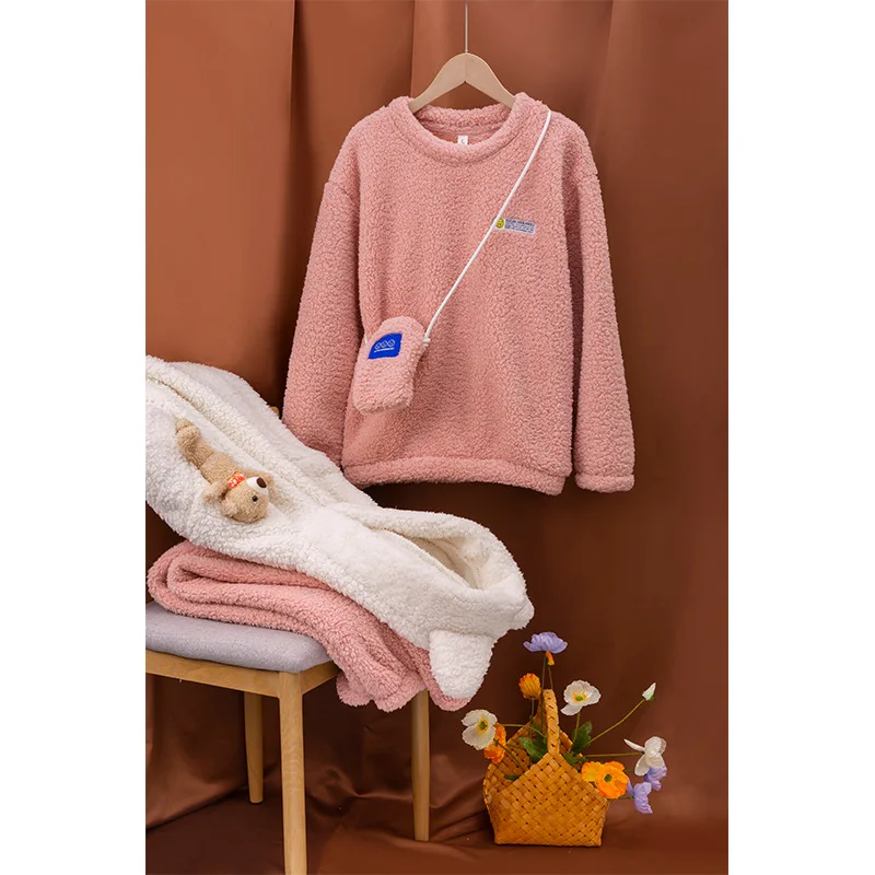 Sleeping Wear Set for Women Solid Color Round Neck Plush Pajamas Woman Winter Plus Size Flannel Thick Pajamas Home Clothes