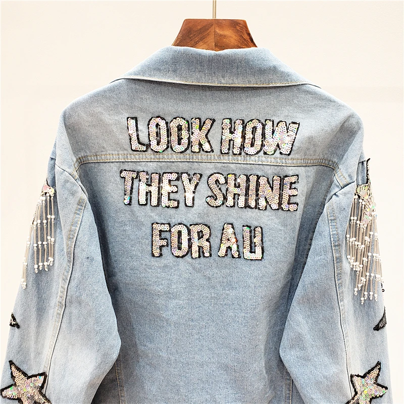 

Sequined Embroidery Beading Tassel Denim Jacket Women Streetwear Loose Long Sleeve Short Coat Vintage Blue Party Outwear Female