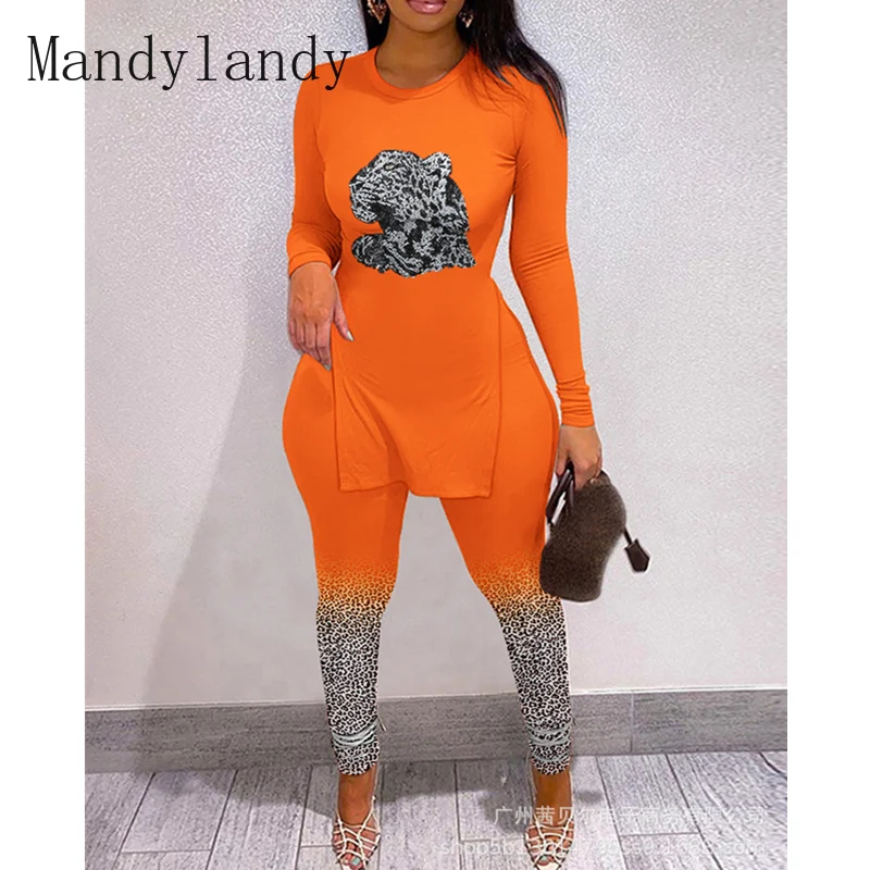 

Женский спортивный костюм Mandylandy, женская спортивная Осенняя рубашка с леопардовым принтом + облегающие брюки с высокой талией, комплект из ...