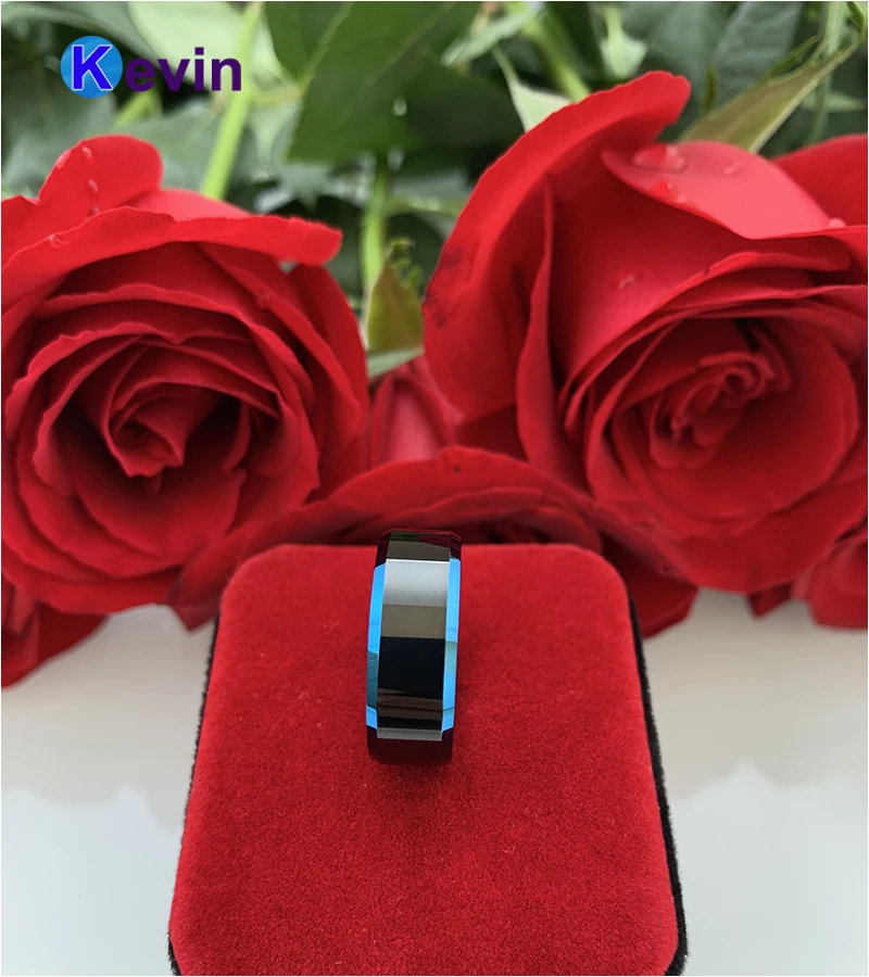 Black Blue Tungsten Carbide Ring Wedding Band For Men Women Bevel Edges And High Polished Finish | Украшения и аксессуары