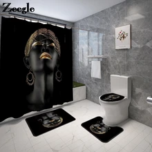 African Women Printed Bath Mat and Shower Curtain Set Non-Slip U-Shaped Toilet Rug Memory Foam Carpet for Bathroom
