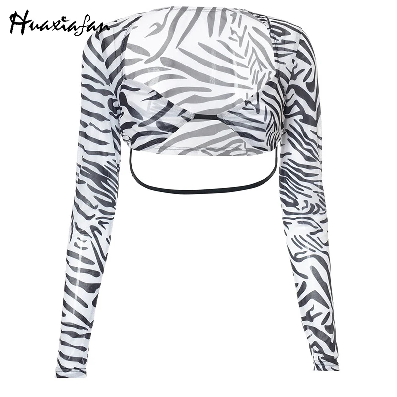 

Huaxiafan Harajuku Tiger Print Short T-shirt Women Tees Summer Chic Sexy Party Club Long Sleeve Crop Tops T-shirts Female 2021
