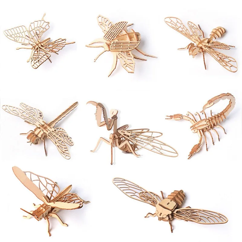 

Деревянный насекомые, животные, 3D пазл, игрушка, сборная модель «сделай сам», Бабочка, пчела, стрекоза, кузнечик, мантис, Цикада, скорпион