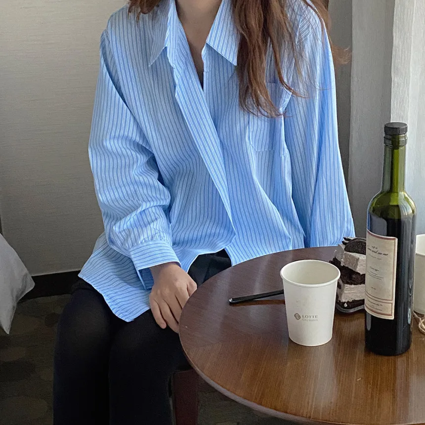 

Женская Асимметричная рубашка в полоску, Повседневная Свободная винтажная блузка с длинными рукавами и отложным воротником, модель 2021 в Ко...