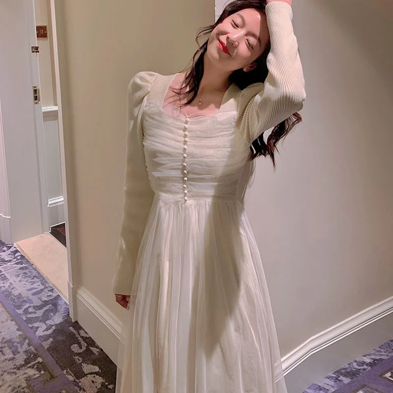 

Spring Women's New French Literary Girl Gentle Fairy Retro Mesh Patchwork Midi Dress Elegant Offiec Lady Chic Niche Knit Dress