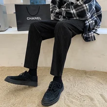 Preto listrado terno calças dos homens estiramento fino moda em linha reta calças casuais dos homens da sociedade coreana calças de vestido dos homens M 2XL (1)