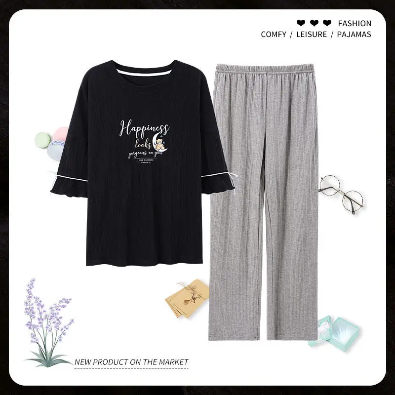 Summer Pajamas Women Loose 2021 New Short-sleeved Trousers Suit Spring and Autumn Models Can Be Worn Outside Home Clothes
