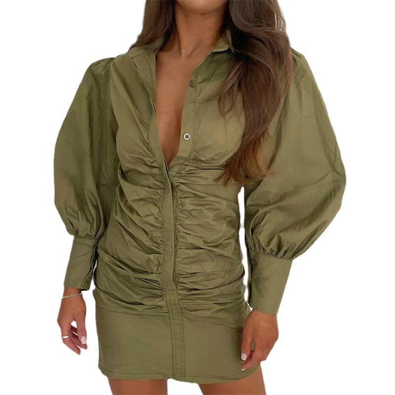 

Summer Ladies Sexy Short Shirt Dress Women Solid Color Puff Long Sleeve Party Dress Lapel Single-breasted Ruched Slim Skirt