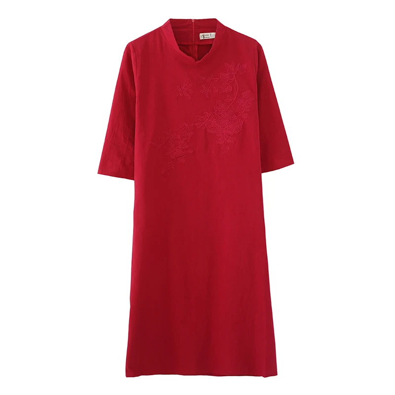 

COIGARSAM National Wind Women dress New Three Quarter Sleeve Cotton Linen Embroidery Loose Dresses Red Green 7056