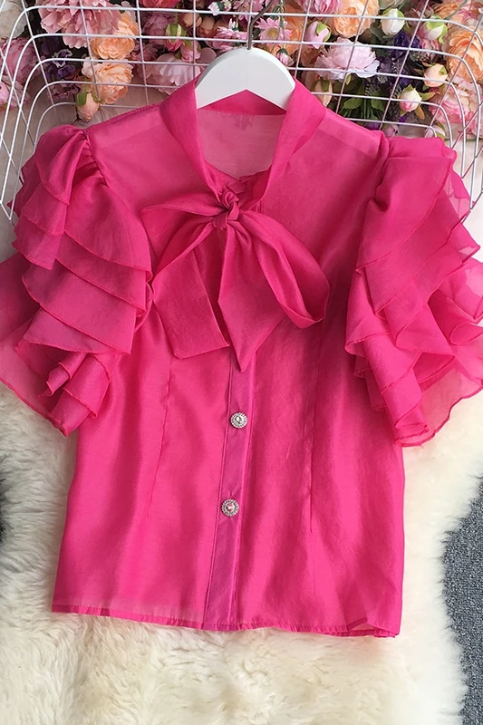 

2021 New Summer Sweet V-neck short sleeve Shirt lace up bow multi layer Ruffles single breasted solid short Shirt Top