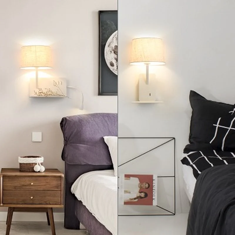 

Simple Style With USB Switch Modern LED Wall Light Fixtures Read Bedside Wall Lamp Fabric Shade Iron Wall Sconce Home Lighting