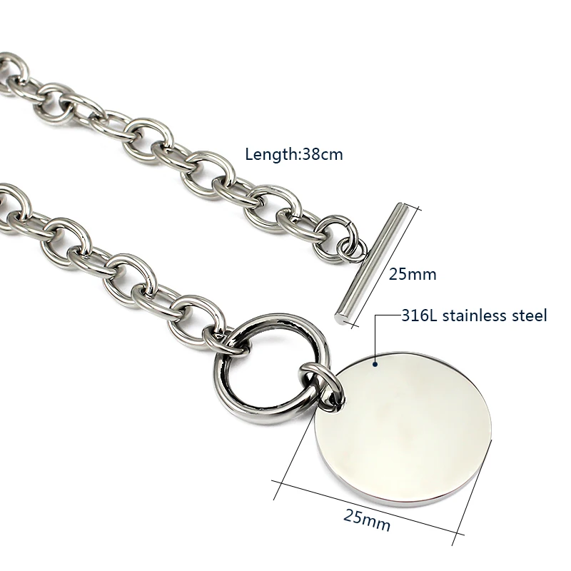 

Silver color Love Heart Charm Choker Necklace for Women Collar Chain Bijoux Femme Stainless Steel Rolo Chain Customed Round Tag