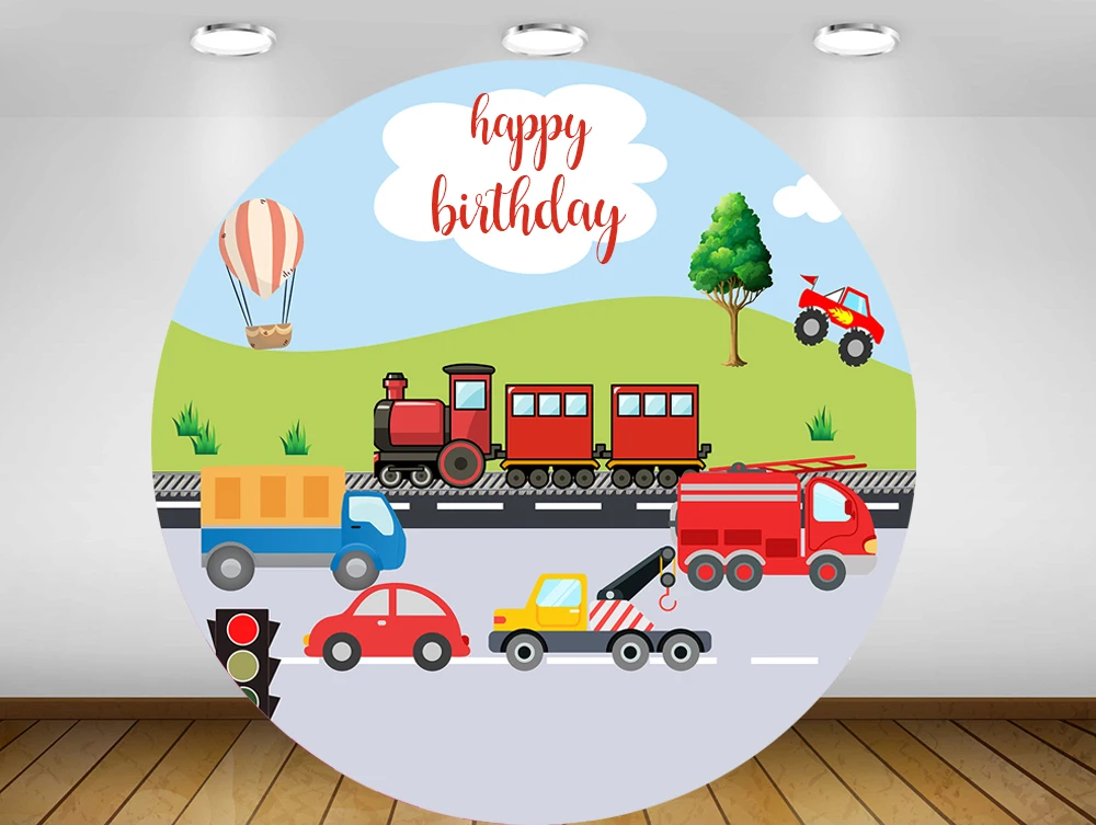 

Transportation theme Circle background round Backdrop boy cars birthday Party event decor table cover train baby shower YY490