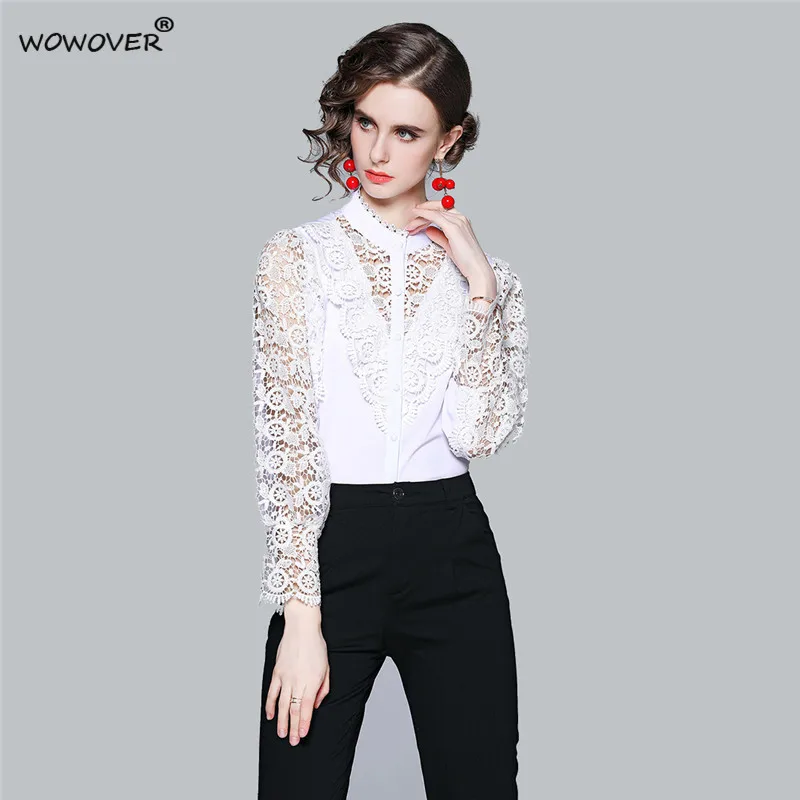 

Europe Fashion Spring Women Hollow Out White Lace Blouse Long Sleeve Ruffles Patchwork Office Party Shirts Elegant Female Tops