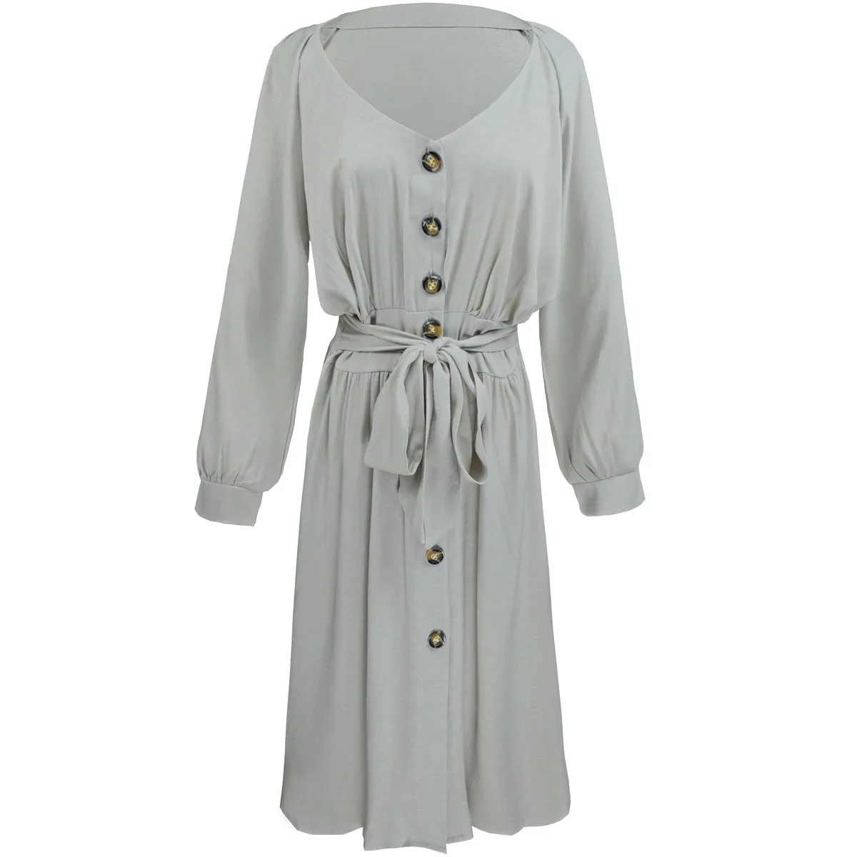 

Women's White Dress Long-sleeved V-neck Button Tie with A Solid Sexy Loose-fitting Large Size Dress