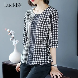 Women's Autumn Summer Chiffon Blouses Women Fashion Casual O-Neck Black Color Plaid Loose Shirt Women's Clothing Blusas Tops 10 item image
