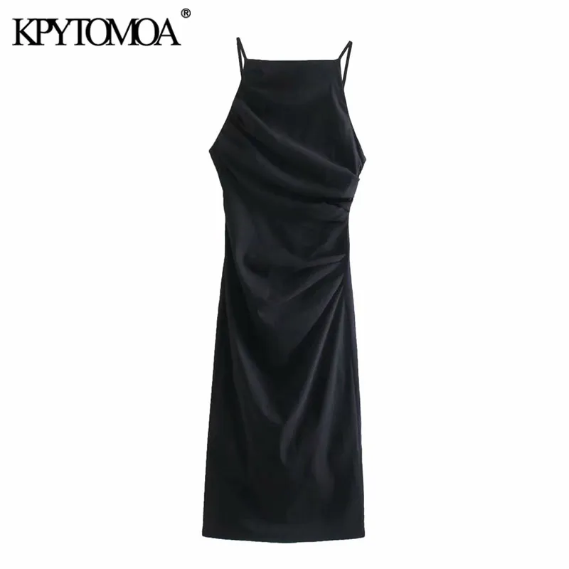

KPYTOMOA Women 2021 Fashion Pleat Detail Fitted Midi Dress Vintage Backless Zipper Thin Straps Female Dresses Vestidos Mujer