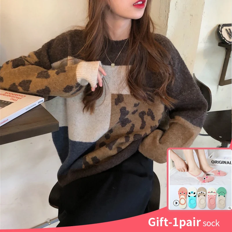 

Women Vintage Leopard Pullover And Sweaters O-Neck Long Sleeve Winter Patchwork Knit Jumpers Loose Style Korean Slim Jumpers