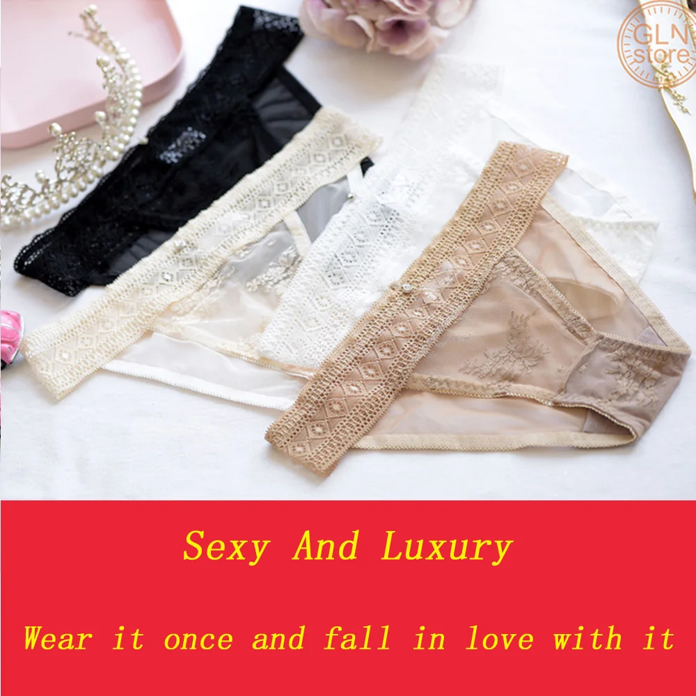 

Hot 2021 women's underwear new French elegant women's briefs lace low waist sexy translucent mesh wide waist underwear
