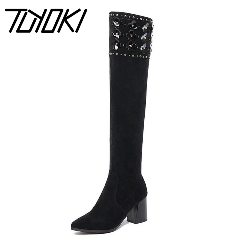 

Tuyoki Size 33-41 Shoes Women Real Leather High Heel Over Knee Winter Boots For Women Flower Pointed Toe Warm Long Botas